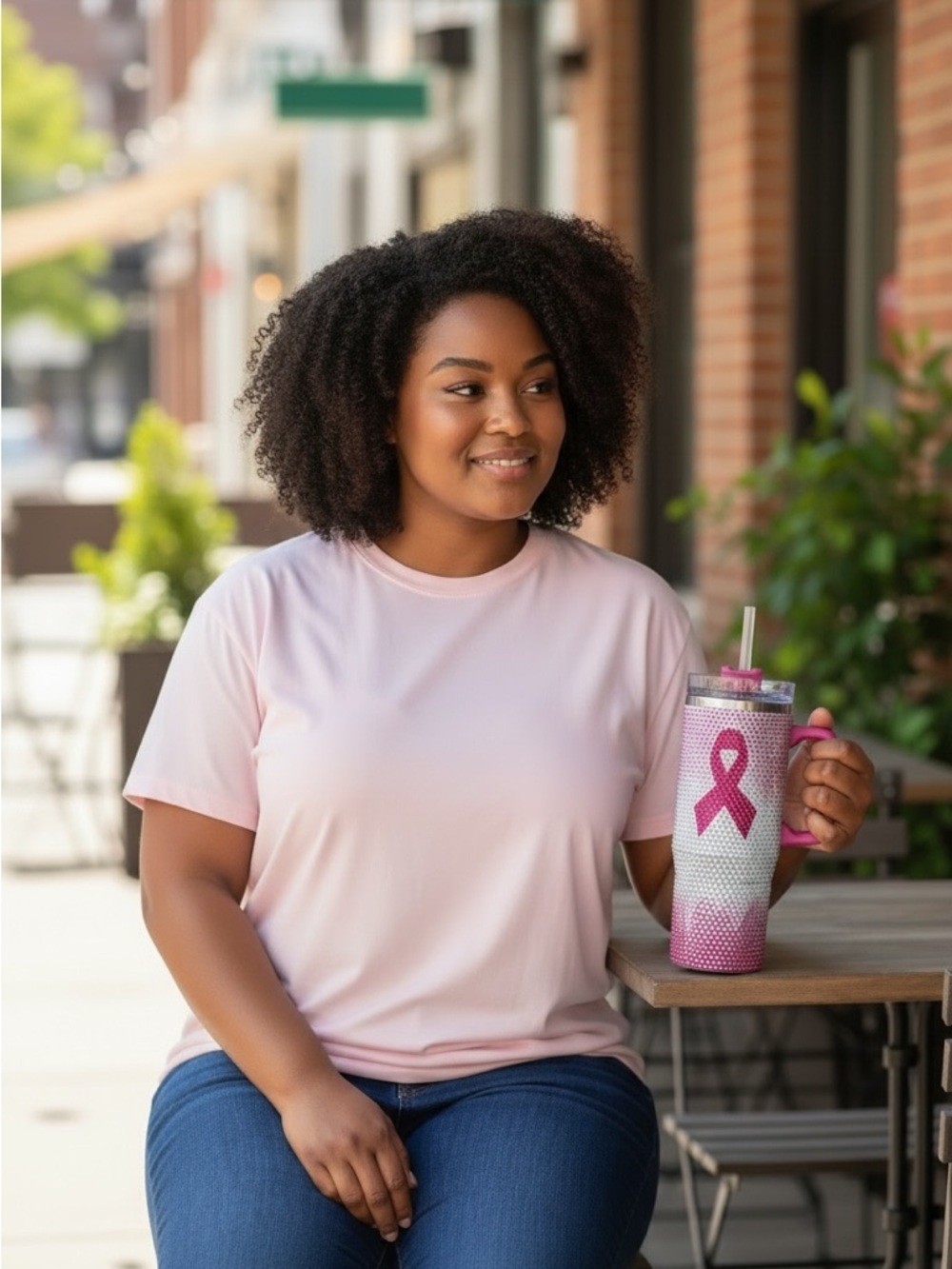 Pink Rhinestone Breast Cancer 💖🎗️Awareness Tumbler with Handle - Picture 3 of 7